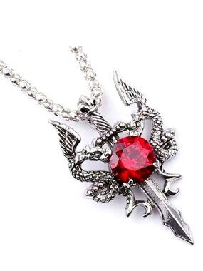 Necklace Dragon Sword Blood Crystal Rhinestone Dagger Silver Chain Gem Goth Edgy